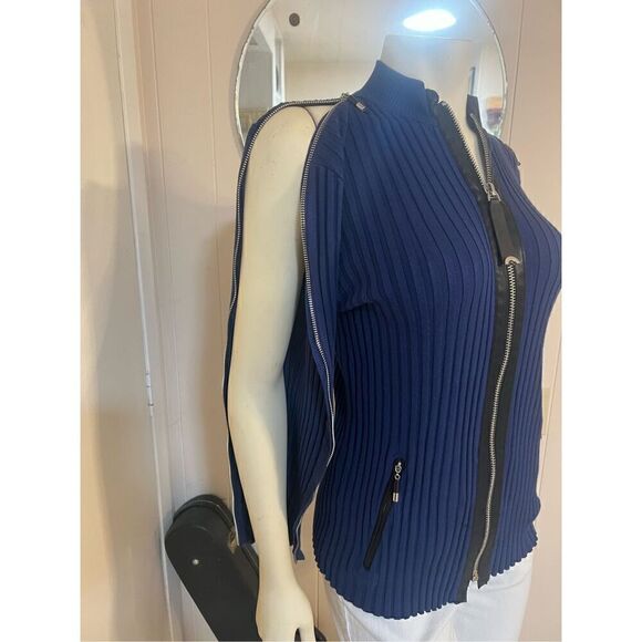 Jamie Saddock Blue Stretchy Ribbed Zip Front & Sleeves black faux leather Trmmed - Picture 3 of 8
